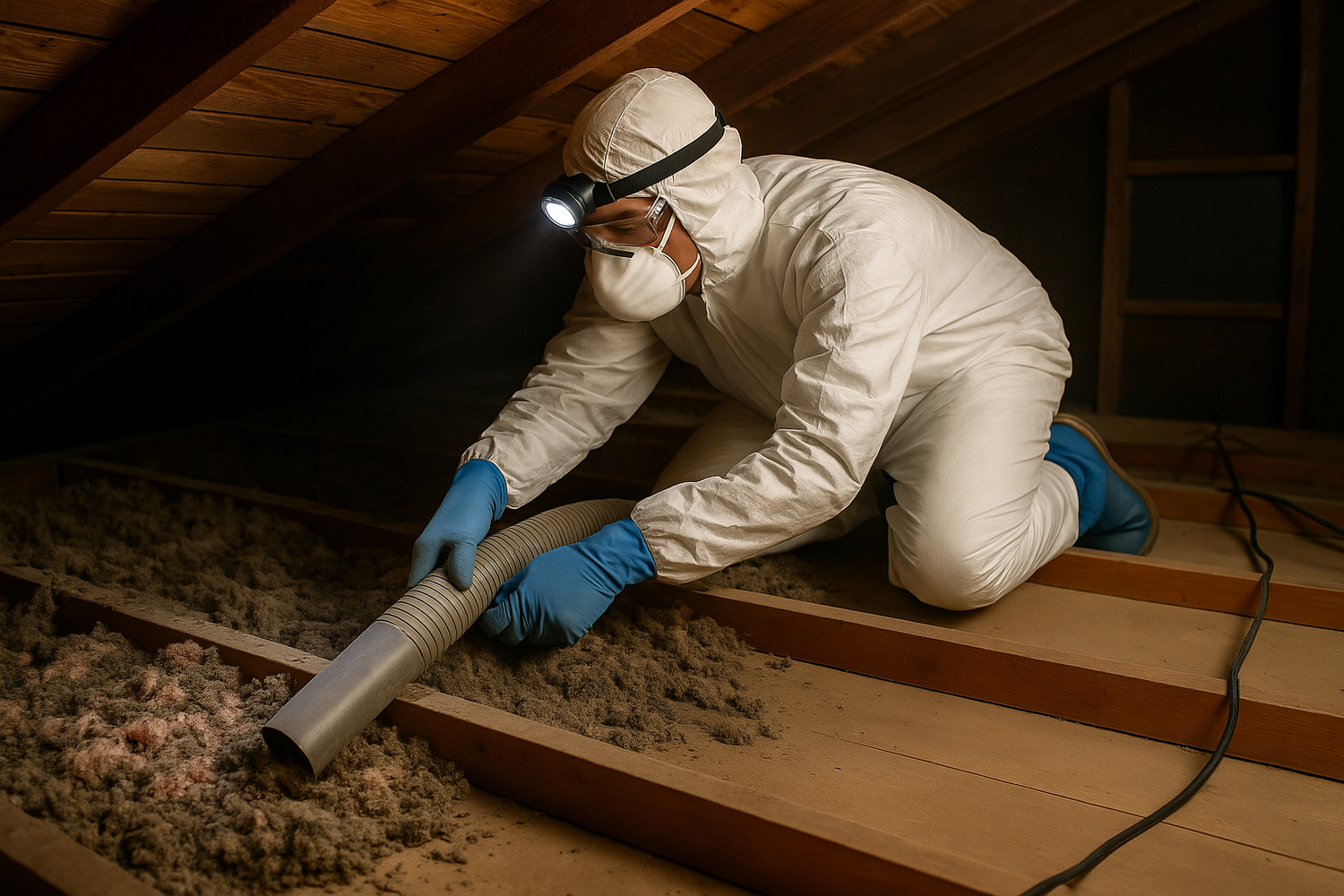 Technician in full PPE industrial-vacuuming old insulation debris from between ceiling joists in a roof cavity