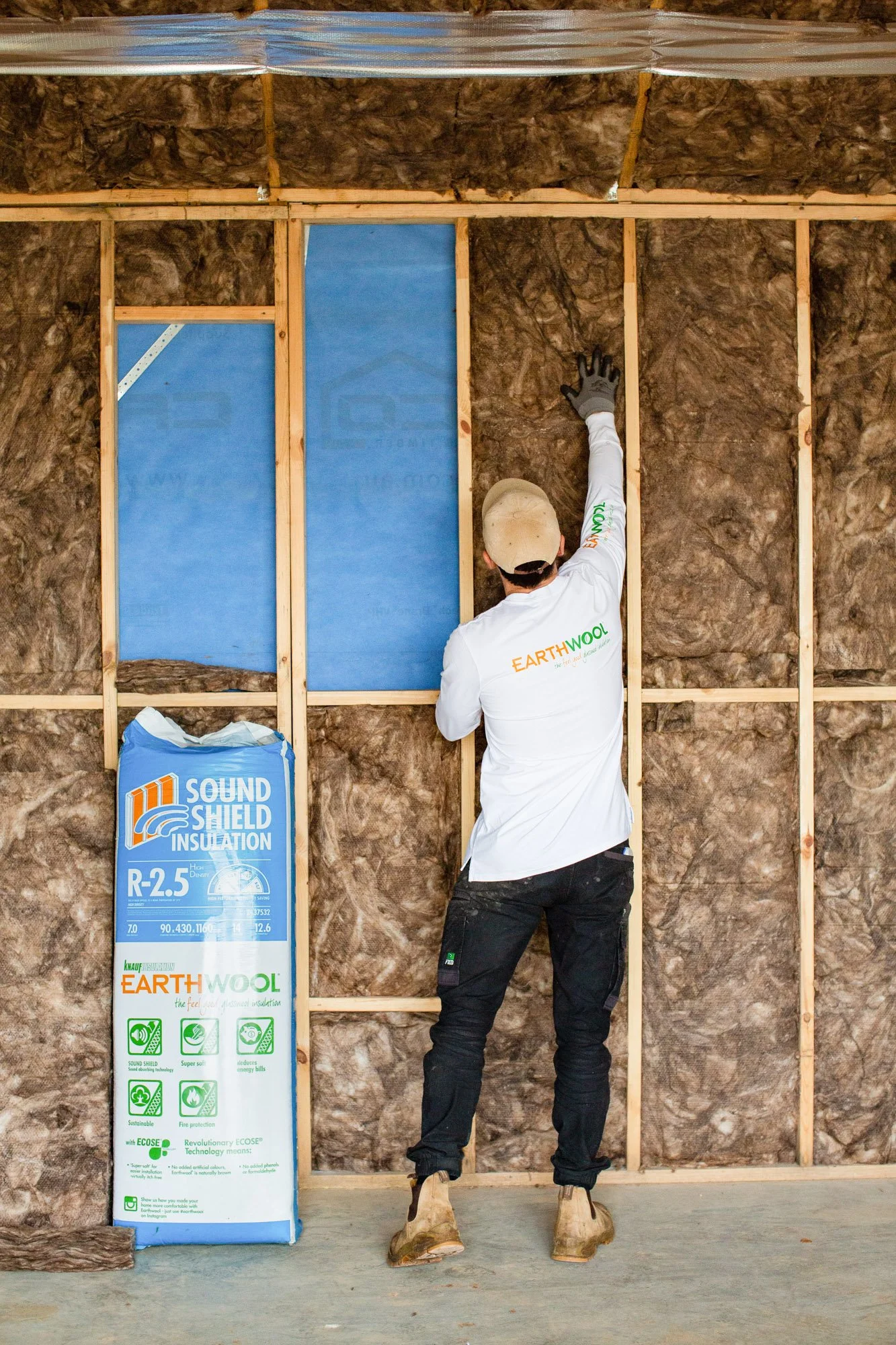 Pro Insulation installer fitting Earthwool R2.5 Soundshield batts between timber wall studs
